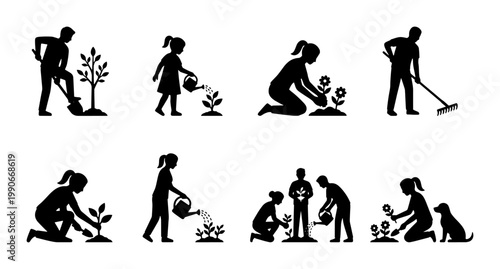 Gardening silhouettes set with people planting trees and flowers, family hobby garden icons, 8 vector illustrations of men and women working outdoors