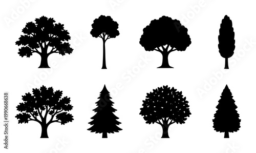 Black tree silhouettes collection, set of 8 deciduous and coniferous tree icons, minimalist forest plant vector elements for landscape design