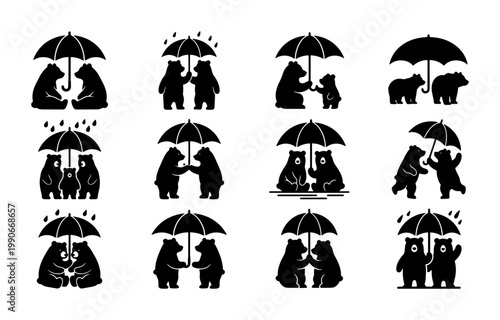 Minimalist bear silhouette icons with umbrellas, set of 12 black animal vector graphics, cute grizzly and polar bear family illustrations for rainy weather