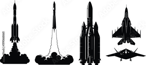Aerospace rockets shuttle jets stealth aircraft silhouette illustration, defense technology artwork, exploration design concept, black and white vector template set