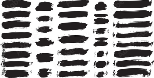 Abstract brush strokes collection diverse black paint swashes and textures on white background