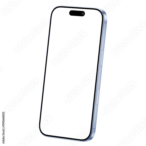 Isolated and isometric mist blue smartphone png. Mockup template. No background. 