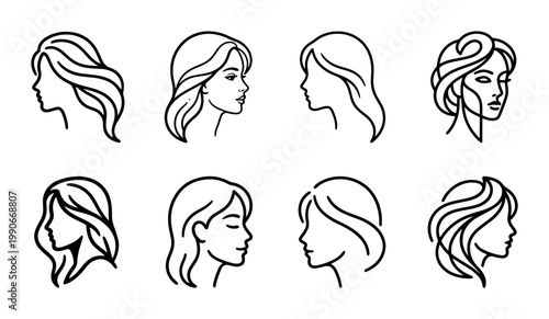 Minimalist woman hair style icons, set of 8 female profile line art vectors, elegant beauty salon logo elements, modern feminine head silhouettes