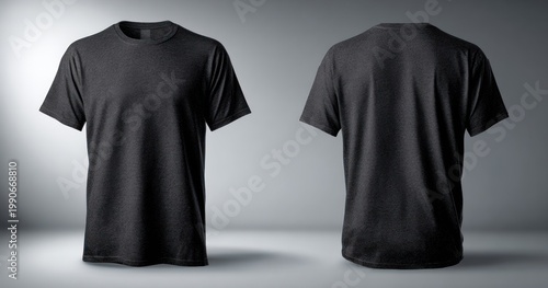 Black t shirt mockup front and back views on gradient background