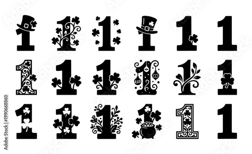 St. Patrick's Day number one collection, 18 decorative Irish shamrock icons, black silhouette clover numerals, festive holiday vector set