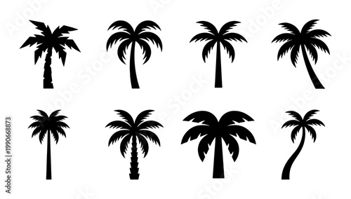 Black palm tree silhouette icons, set of 8 tropical coconut tree vector elements, minimalist summer vacation plant symbols on white background
