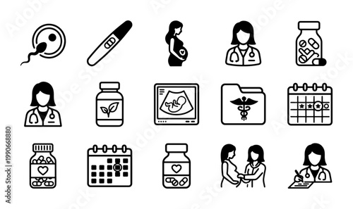 Pregnancy and fertility medical icon set, 15 black line vector illustrations for maternity healthcare, prenatal care and obstetrics symbols