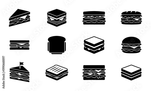 Minimalist sandwich icon set, 12 black solid vector food symbols, flat deli and fast food menu graphics, club sandwich and burger silhouettes