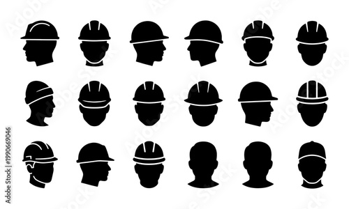 Industrial safety helmet icons set, construction worker head silhouettes with hard hats, 18 black vector symbols for labor and engineering projects
