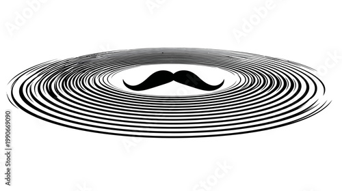 Abstract black mustache inside swirling concentric circles, on white background