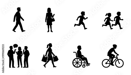 Black silhouette people icons set, diverse pedestrian and urban life vector elements, walking man and woman figures, cycling and wheelchair accessibility symbols