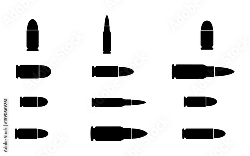 Canvas Print Ammunition bullet silhouette icons set, 11 weapon cartridge vector elements, bla