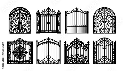 Bild auf Leinwand Wrought iron gate silhouettes collection, 8 vintage metal fence door vector icon