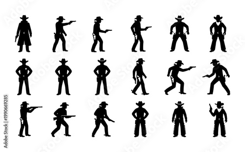 Wild West cowboy silhouettes set, 18 western outlaw and gunslinger vector icons, black sheriff and bandit figures with pistols and rifles