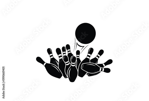 A striking bowling scene featuring pins and a ball a dark silhouette