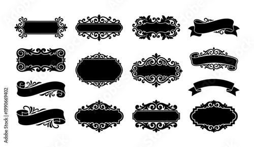 Vintage ornamental frames and decorative ribbon banners, set of 12 black silhouette filigree borders, elegant victorian label collection for wedding stationery