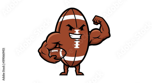 Cartoon football mascot flexing muscles and holding a smaller ball on white
