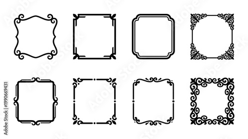 Vintage decorative frames collection, set of 8 black ornamental border vectors, elegant filigree frame designs for wedding invitations and certificates