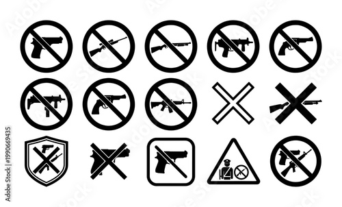 No guns allowed sign collection, 15 weapon prohibition icons in vector format, black and white firearm ban symbols for public safety and security