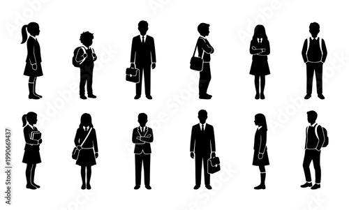 School student silhouettes in uniform, collection of 12 children and teenagers with backpacks, primary and secondary school pupils vector set