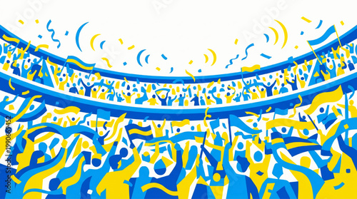 Abstract illustration of a cheering sports stadium crowd with confetti and flags