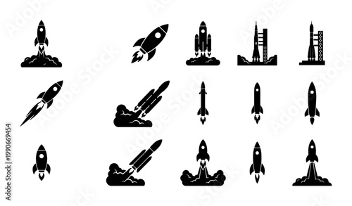 Rocket launch icon set, black spaceship silhouette collection, 13 vector spacecraft symbols for startup and technology projects, aerospace mission graphics