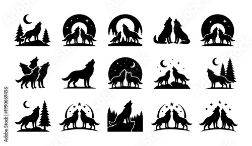 Wolf silhouette icons set, howling wolves in night forest landscape with moon and stars, 15 black vector animal logos for wilderness branding