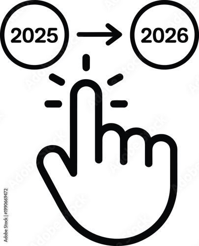 A hand pressing forward from 2025 to 2026 depicting time progression