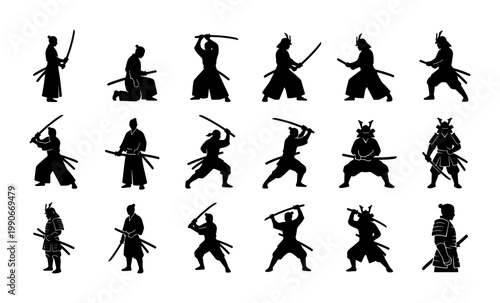 Japanese samurai warrior silhouettes set, 18 martial arts fighter vector icons, traditional ronin and ninja characters with katana swords
