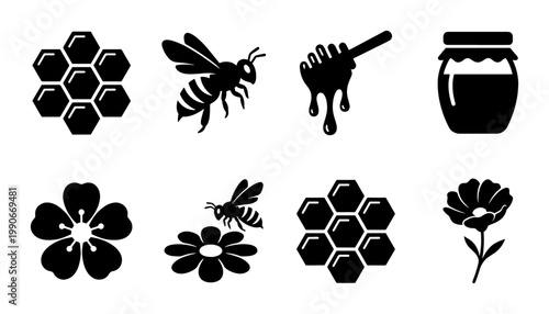 Minimalist honey bee icon set, black silhouette honeycomb and bumblebee vector collection, organic apiary and nectar symbols for farm branding