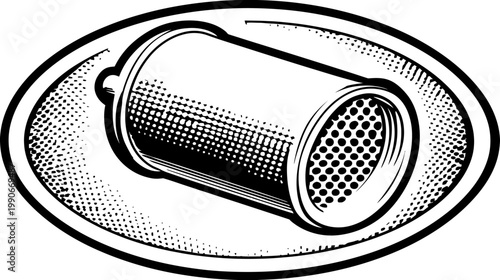 Black and white oval design with a cylindrical mesh object inside, rendered in halftone