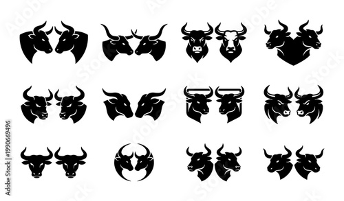 Bull head logo set, 12 black silhouette buffalo and ox icons, powerful cattle mascot vector collection for sports branding and ranch identity