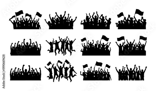 Cheering crowd silhouettes set, 12 sports fans groups with flags and raised hands, black audience silhouettes for stadium and concert events