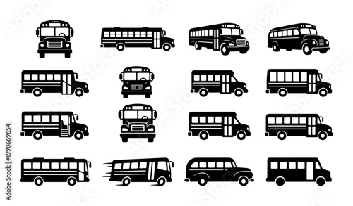 School bus vector icons set, black silhouette school bus collection, 16 transport vehicle symbols for education and student safety design