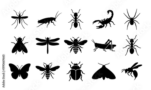Black insect silhouettes collection, 15 bug icons set including spider and bee, minimalist pest and wildlife vector graphics for educational design