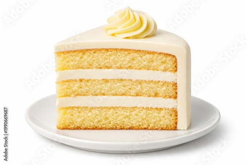 Classic vanilla cake slice, a delectable dessert with creamy white frosting and three golden sponge layers, perfect for celebrations and sweet treats.