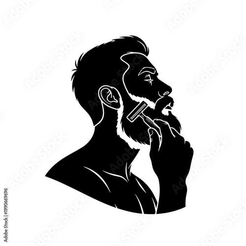 Black silhouette of a bearded man shaving his cheek with a razor, depicted in profile.
