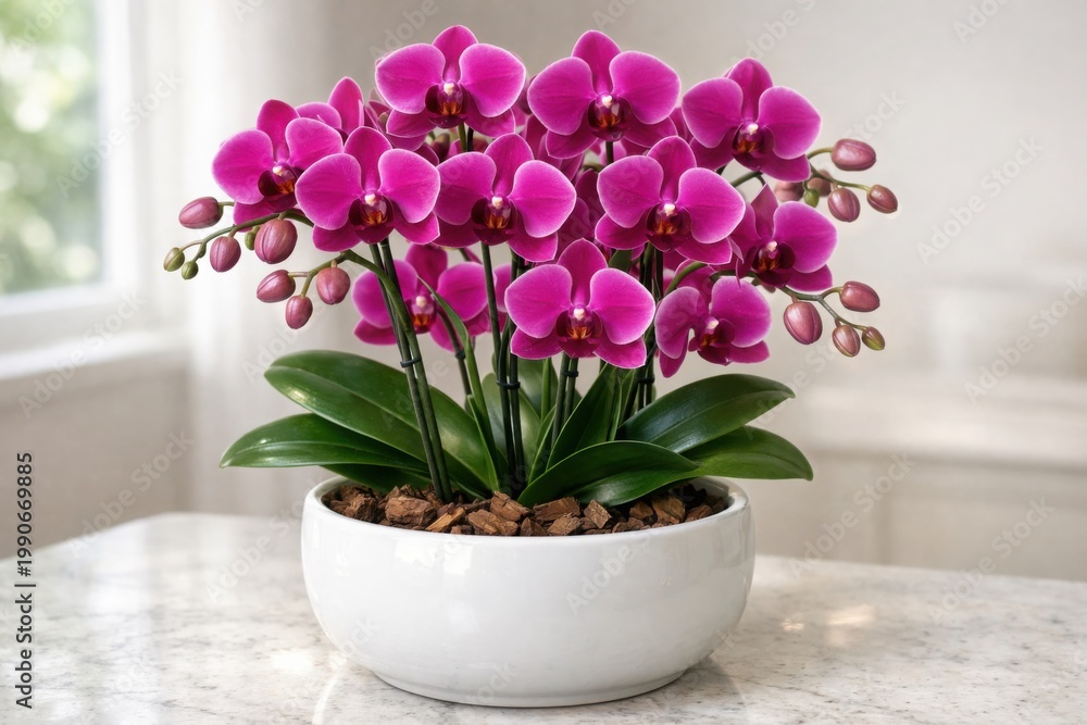 Naklejka premium Vibrant fuchsia orchid plant in a white ceramic pot, elegant indoor floral decor, beautiful blooming Phalaenopsis orchid, potted houseplant for home or office