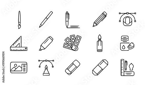 Design tools icons set vector thin line graphic drawing painting sketching accessories pictograms isolated white background
