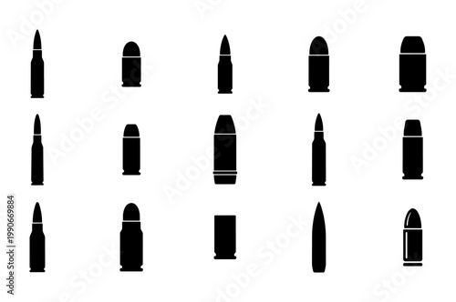 Black bullet silhouettes set, 15 ammunition icons for gun and rifle cartridges, firearm ammo vector collection, weapon projectile symbols on white