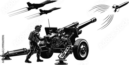 Artillery cannon silhouette illustration with soldier and jets, modern warfare artwork, defense technology design concept, black and white vector template set