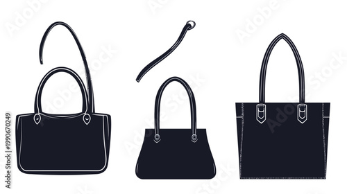 Three stylized, dark handbags with handles and straps isolated against a white background