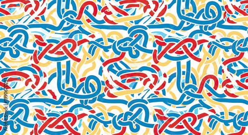 A tangled web of blue, red, and yellow ribbons with white background