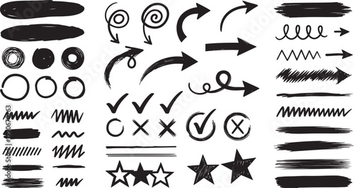 Collection of hand drawn black brush strokes arrows checks stars and scribble elements for design
