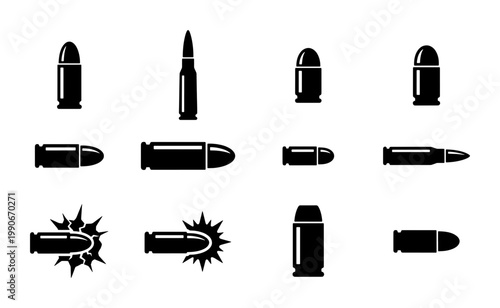 Military bullet icon set with 12 vector elements, black ammunition silhouettes, firearm cartridge symbols for hunting and defense graphics