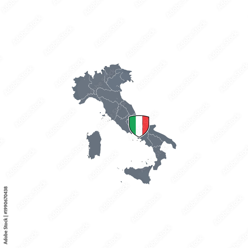 Fototapeta premium Italian shield emblem on a map of Italy with flag colors.