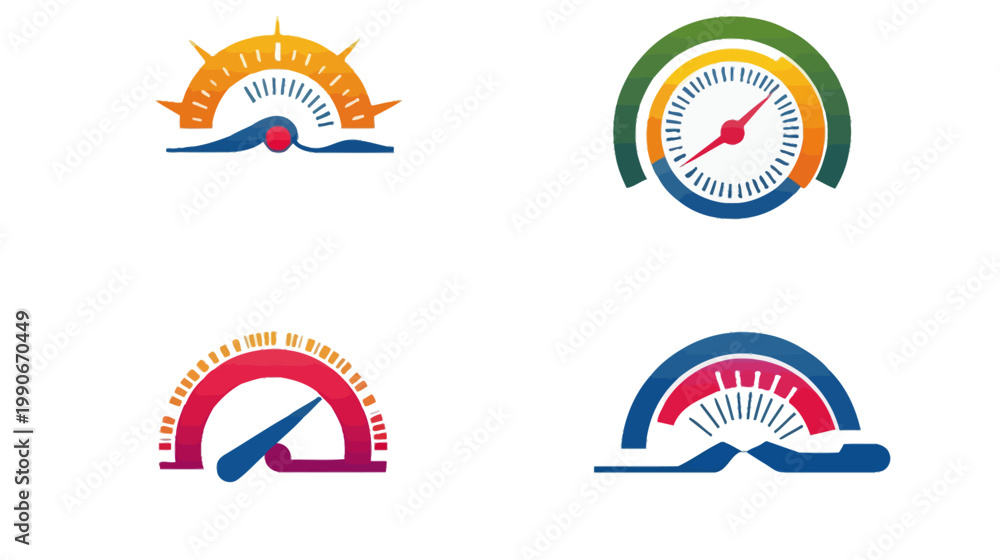 Naklejka premium Four stylized, colorful speedometers or gauges in various designs on a white background