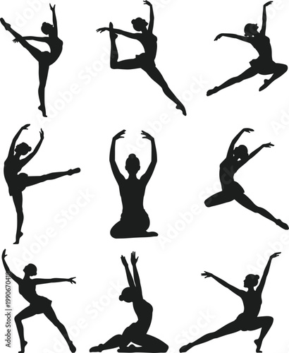 Ballet dance silhouettes collection featuring graceful ballerina poses jumping spinning performance elegance art movement choreography fitness illustration set