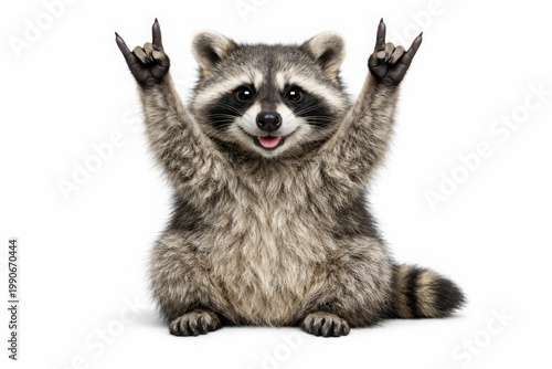 Funny raccoon making rock on hand gesture, happy wild animal showing devil horns sign, fluffy procyon lotor isolated on white background