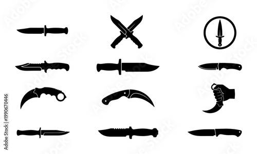 Tactical knife silhouette collection, 12 combat blade vector icons, military karambit and hunting dagger set, black steel weapon shapes for gaming